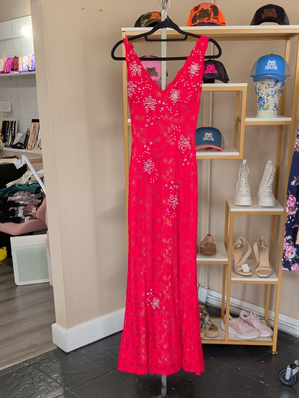 Vintage Jovani Red Lace Rhinestone Evening Dress